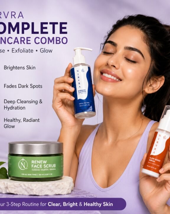 Achieve brighter, smoother, and healthier-looking skin with the Nirvra Complete Skincare Combo. This powerful 3-step routine combines a Refreshing Face Wash, Renew Face Scrub, and Glow Renew Serum to cleanse, exfoliate, hydrate, and revitalize your skin while promoting a radiant natural glow.