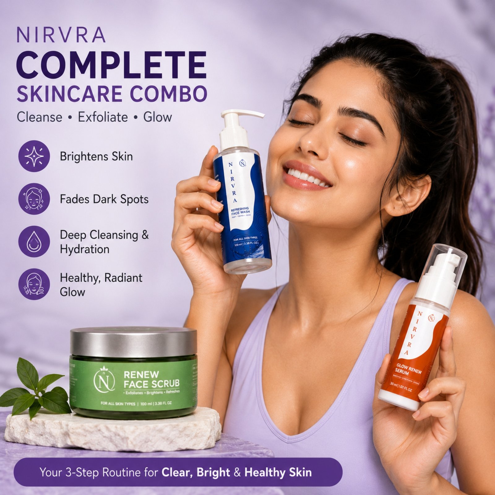 Achieve brighter, smoother, and healthier-looking skin with the Nirvra Complete Skincare Combo. This powerful 3-step routine combines a Refreshing Face Wash, Renew Face Scrub, and Glow Renew Serum to cleanse, exfoliate, hydrate, and revitalize your skin while promoting a radiant natural glow.