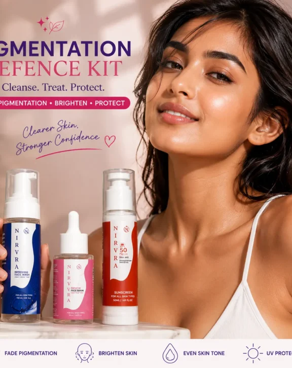 Achieve brighter, healthier-looking skin with the Nirvra Radiance Defense Combo. This advanced skincare trio combines a Refreshing Face Wash, Glow Renew Face Serum, and Sunscreen SPF 50 to cleanse, brighten, hydrate, protect, and support the skin barrier for a radiant everyday glow.