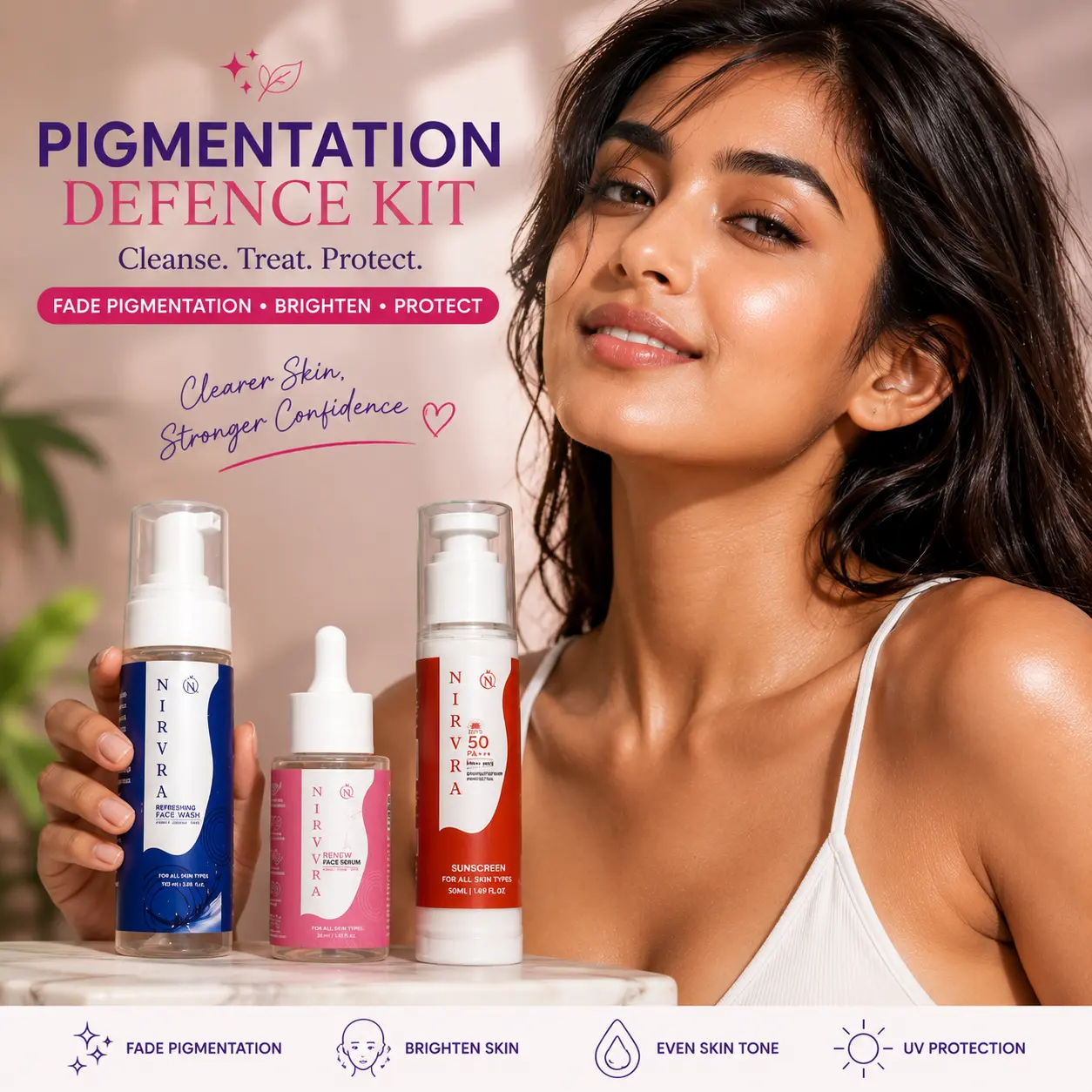 Achieve brighter, healthier-looking skin with the Nirvra Radiance Defense Combo. This advanced skincare trio combines a Refreshing Face Wash, Glow Renew Face Serum, and Sunscreen SPF 50 to cleanse, brighten, hydrate, protect, and support the skin barrier for a radiant everyday glow.
