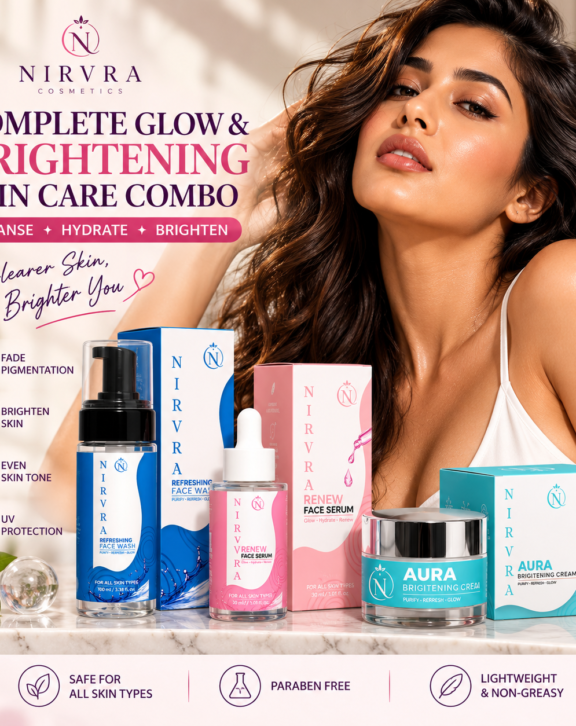 Your Complete Glow & Brightening Routine Transform your daily skincare routine with the Nirvra Complete Glow & Brightening Skin Care Combo, featuring Refreshing Face Wash, Renew Face Serum, and Brightening Gel. This three-step skincare combination is designed to cleanse your skin, provide lightweight hydration, and enhance its natural-looking glow. What's Included: Refreshing Face Wash: Helps remove daily dirt, excess oil, and impurities. Renew Face Serum: Complements your skincare routine with lightweight hydration and a smooth, refreshed appearance. Brightening Gel: Adds a refreshing layer of hydration while helping your skin look fresh and radiant. Enjoy a simple, convenient skincare routine with three essential products in one combo.